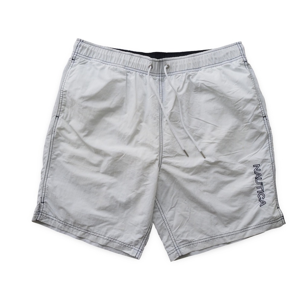 Nautica Mens 8" Deck Quick Dry Swim Trunks White Large Navy Logo NALXCOVT1 220